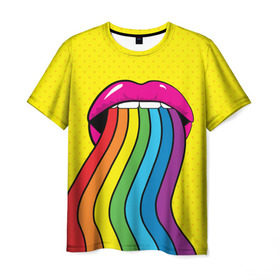 Мужская футболка 3D с принтом Pop art в Тюмени, 100% полиэфир | прямой крой, круглый вырез горловины, длина до линии бедер | fun | lip color | mouth | pop art | rainbow | reggae | spectrum | style | summer | teeth | yellow | веселье | губы | желтый | зубы | лето | поп арт | радуга | рот | спектр | стиль | цвет