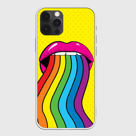 Чехол для iPhone 12 Pro с принтом Pop art в Тюмени, силикон | область печати: задняя сторона чехла, без боковых панелей | Тематика изображения на принте: fun | lip color | mouth | pop art | rainbow | reggae | spectrum | style | summer | teeth | yellow | веселье | губы | желтый | зубы | лето | поп арт | радуга | рот | спектр | стиль | цвет