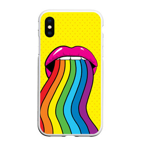 Чехол для iPhone XS Max матовый с принтом Pop art в Тюмени, Силикон | Область печати: задняя сторона чехла, без боковых панелей | Тематика изображения на принте: fun | lip color | mouth | pop art | rainbow | reggae | spectrum | style | summer | teeth | yellow | веселье | губы | желтый | зубы | лето | поп арт | радуга | рот | спектр | стиль | цвет