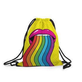 Рюкзак-мешок 3D с принтом Pop art в Тюмени, 100% полиэстер | плотность ткани — 200 г/м2, размер — 35 х 45 см; лямки — толстые шнурки, застежка на шнуровке, без карманов и подкладки | Тематика изображения на принте: fun | lip color | mouth | pop art | rainbow | reggae | spectrum | style | summer | teeth | yellow | веселье | губы | желтый | зубы | лето | поп арт | радуга | рот | спектр | стиль | цвет
