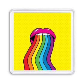 Магнит 55*55 с принтом Pop art в Тюмени, Пластик | Размер: 65*65 мм; Размер печати: 55*55 мм | fun | lip color | mouth | pop art | rainbow | reggae | spectrum | style | summer | teeth | yellow | веселье | губы | желтый | зубы | лето | поп арт | радуга | рот | спектр | стиль | цвет