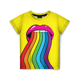 Детская футболка 3D с принтом Pop art в Тюмени, 100% гипоаллергенный полиэфир | прямой крой, круглый вырез горловины, длина до линии бедер, чуть спущенное плечо, ткань немного тянется | fun | lip color | mouth | pop art | rainbow | reggae | spectrum | style | summer | teeth | yellow | веселье | губы | желтый | зубы | лето | поп арт | радуга | рот | спектр | стиль | цвет