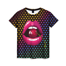 Женская футболка 3D с принтом Pop art в Тюмени, 100% полиэфир ( синтетическое хлопкоподобное полотно) | прямой крой, круглый вырез горловины, длина до линии бедер | cherry | colorful | fashion | funny | gesture | lips | lipstick | makeup | mouth | pop art | rainbow | style | веселый | вишенка | вишня | губы | жест | зубы | клубный | любовь | макияж | мода | помада | поп арт | прикольный | радуга | рот | стиль | страс