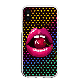 Чехол для iPhone XS Max матовый с принтом Pop art в Тюмени, Силикон | Область печати: задняя сторона чехла, без боковых панелей | Тематика изображения на принте: cherry | colorful | fashion | funny | gesture | lips | lipstick | makeup | mouth | pop art | rainbow | style | веселый | вишенка | вишня | губы | жест | зубы | клубный | любовь | макияж | мода | помада | поп арт | прикольный | радуга | рот | стиль | страс