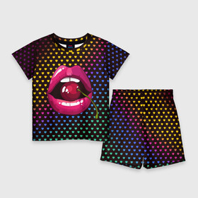 Детский костюм с шортами 3D с принтом Pop art в Тюмени,  |  | cherry | colorful | fashion | funny | gesture | lips | lipstick | makeup | mouth | pop art | rainbow | style | веселый | вишенка | вишня | губы | жест | зубы | клубный | любовь | макияж | мода | помада | поп арт | прикольный | радуга | рот | стиль | страс