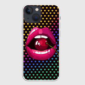 Чехол для iPhone 13 mini с принтом Pop art в Тюмени,  |  | Тематика изображения на принте: cherry | colorful | fashion | funny | gesture | lips | lipstick | makeup | mouth | pop art | rainbow | style | веселый | вишенка | вишня | губы | жест | зубы | клубный | любовь | макияж | мода | помада | поп арт | прикольный | радуга | рот | стиль | страс