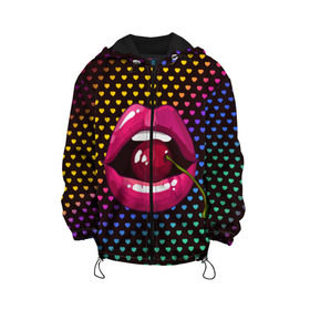 Детская куртка 3D с принтом Pop art в Тюмени, 100% полиэстер | застежка — молния, подол и капюшон оформлены резинкой с фиксаторами, по бокам — два кармана без застежек, один потайной карман на груди, плотность верхнего слоя — 90 г/м2; плотность флисового подклада — 260 г/м2 | cherry | colorful | fashion | funny | gesture | lips | lipstick | makeup | mouth | pop art | rainbow | style | веселый | вишенка | вишня | губы | жест | зубы | клубный | любовь | макияж | мода | помада | поп арт | прикольный | радуга | рот | стиль | страс
