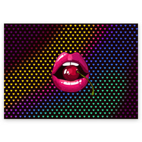 Поздравительная открытка с принтом Pop art в Тюмени, 100% бумага | плотность бумаги 280 г/м2, матовая, на обратной стороне линовка и место для марки
 | cherry | colorful | fashion | funny | gesture | lips | lipstick | makeup | mouth | pop art | rainbow | style | веселый | вишенка | вишня | губы | жест | зубы | клубный | любовь | макияж | мода | помада | поп арт | прикольный | радуга | рот | стиль | страс