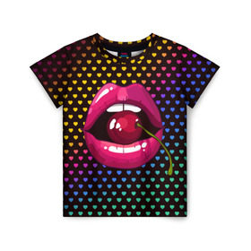 Детская футболка 3D с принтом Pop art в Тюмени, 100% гипоаллергенный полиэфир | прямой крой, круглый вырез горловины, длина до линии бедер, чуть спущенное плечо, ткань немного тянется | cherry | colorful | fashion | funny | gesture | lips | lipstick | makeup | mouth | pop art | rainbow | style | веселый | вишенка | вишня | губы | жест | зубы | клубный | любовь | макияж | мода | помада | поп арт | прикольный | радуга | рот | стиль | страс