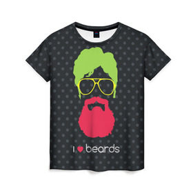Женская футболка 3D с принтом I like beards в Тюмени, 100% полиэфир ( синтетическое хлопкоподобное полотно) | прямой крой, круглый вырез горловины, длина до линии бедер | Тематика изображения на принте: acid | background | beard | bright | club | color | face | fashion | head | hipster | male | mustache | p | pop art | style | борода | голова | горох | кислотный | клубный | лицо | мода | мужчина | очки | поп арт | стиль | усы | фон | хипстер | 
