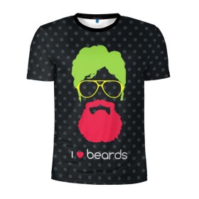 Мужская футболка 3D спортивная с принтом I like beards в Тюмени, 100% полиэстер с улучшенными характеристиками | приталенный силуэт, круглая горловина, широкие плечи, сужается к линии бедра | Тематика изображения на принте: acid | background | beard | bright | club | color | face | fashion | head | hipster | male | mustache | p | pop art | style | борода | голова | горох | кислотный | клубный | лицо | мода | мужчина | очки | поп арт | стиль | усы | фон | хипстер | 