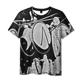 Мужская футболка 3D с принтом this is Sparta в Тюмени, 100% полиэфир | прямой крой, круглый вырез горловины, длина до линии бедер | Тематика изображения на принте: sparta | античность | войны | каска | копья | спарта | шлем | щиты