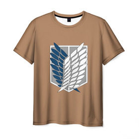 Мужская футболка 3D с принтом Атака Титанов (эмблема) #3 в Тюмени, 100% полиэфир | прямой крой, круглый вырез горловины, длина до линии бедер | attack on titan | shingeki no kyojin | атака титанов | белый | коричневый | серый | синий | эмблема разведчиков