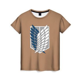 Женская футболка 3D с принтом Атака Титанов (эмблема) #3 в Тюмени, 100% полиэфир ( синтетическое хлопкоподобное полотно) | прямой крой, круглый вырез горловины, длина до линии бедер | attack on titan | shingeki no kyojin | атака титанов | белый | коричневый | серый | синий | эмблема разведчиков