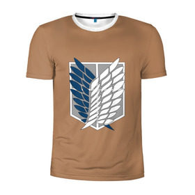 Мужская футболка 3D спортивная с принтом Атака Титанов (эмблема) #3 в Тюмени, 100% полиэстер с улучшенными характеристиками | приталенный силуэт, круглая горловина, широкие плечи, сужается к линии бедра | attack on titan | shingeki no kyojin | атака титанов | белый | коричневый | серый | синий | эмблема разведчиков