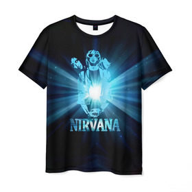 Мужская футболка 3D с принтом Группа Nirvana в Тюмени, 100% полиэфир | прямой крой, круглый вырез горловины, длина до линии бедер | kurt cobain | nirvana | вечная память | гитара | гранж | кумир | курт кобейн | лучи | микрофон | музыкант | надпись | нирвана | певец | рок | свет