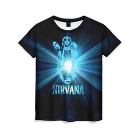 Женская футболка 3D с принтом Группа Nirvana в Тюмени, 100% полиэфир ( синтетическое хлопкоподобное полотно) | прямой крой, круглый вырез горловины, длина до линии бедер | kurt cobain | nirvana | вечная память | гитара | гранж | кумир | курт кобейн | лучи | микрофон | музыкант | надпись | нирвана | певец | рок | свет