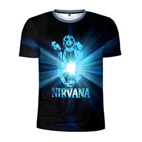 Мужская футболка 3D спортивная с принтом Группа Nirvana в Тюмени, 100% полиэстер с улучшенными характеристиками | приталенный силуэт, круглая горловина, широкие плечи, сужается к линии бедра | Тематика изображения на принте: kurt cobain | nirvana | вечная память | гитара | гранж | кумир | курт кобейн | лучи | микрофон | музыкант | надпись | нирвана | певец | рок | свет