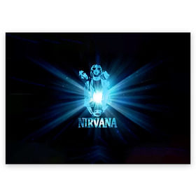 Поздравительная открытка с принтом Группа Nirvana в Тюмени, 100% бумага | плотность бумаги 280 г/м2, матовая, на обратной стороне линовка и место для марки
 | kurt cobain | nirvana | вечная память | гитара | гранж | кумир | курт кобейн | лучи | микрофон | музыкант | надпись | нирвана | певец | рок | свет