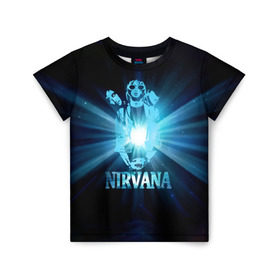Детская футболка 3D с принтом Группа Nirvana в Тюмени, 100% гипоаллергенный полиэфир | прямой крой, круглый вырез горловины, длина до линии бедер, чуть спущенное плечо, ткань немного тянется | kurt cobain | nirvana | вечная память | гитара | гранж | кумир | курт кобейн | лучи | микрофон | музыкант | надпись | нирвана | певец | рок | свет