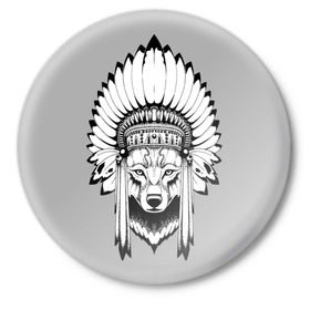 Значок с принтом Волк - индеец в Тюмени,  металл | круглая форма, металлическая застежка в виде булавки | Тематика изображения на принте: арт | минимализм | мода | стиль