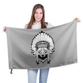 Флаг 3D с принтом Волк - индеец в Тюмени, 100% полиэстер | плотность ткани — 95 г/м2, размер — 67 х 109 см. Принт наносится с одной стороны | арт | минимализм | мода | стиль