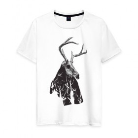 Мужская футболка хлопок с принтом Адепт в Тюмени, 100% хлопок | прямой крой, круглый вырез горловины, длина до линии бедер, слегка спущенное плечо. | готический | животное | лес | мистика | мрачное | ночь | олень | рога | страшное | череп
