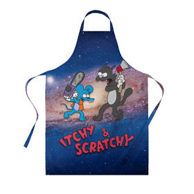 Фартук 3D с принтом Itchy & Scratchy space в Тюмени, 100% полиэстер | общий размер — 65 х 85 см, ширина нагрудника — 26 см, горловина — 53 см, длина завязок — 54 см, общий обхват в поясе — 173 см. Принт на завязках и на горловине наносится с двух сторон, на основной части фартука — только с внешней стороны | simpsons | the itchy  scratchy | симпсоны | щекотка и царапка