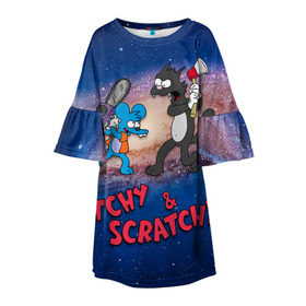 Детское платье 3D с принтом Itchy & Scratchy space в Тюмени, 100% полиэстер | прямой силуэт, чуть расширенный к низу. Круглая горловина, на рукавах — воланы | Тематика изображения на принте: simpsons | the itchy  scratchy | симпсоны | щекотка и царапка