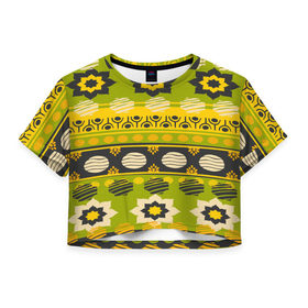 Женская футболка 3D укороченная с принтом Узорный орнамент в Тюмени, 100% полиэстер | круглая горловина, длина футболки до линии талии, рукава с отворотами | africa | pattern | африка | африканские мотивы | народы африки | национальная одежда | переплетение нитей | ткани | узор | этнический узор