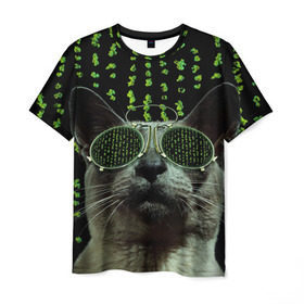 Мужская футболка 3D с принтом Кот в матрице в Тюмени, 100% полиэфир | прямой крой, круглый вырез горловины, длина до линии бедер | кот | матрица | очки