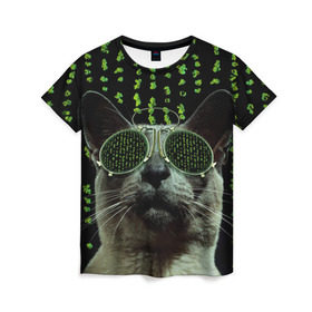 Женская футболка 3D с принтом Кот в матрице в Тюмени, 100% полиэфир ( синтетическое хлопкоподобное полотно) | прямой крой, круглый вырез горловины, длина до линии бедер | Тематика изображения на принте: кот | матрица | очки