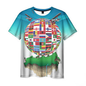 Мужская футболка 3D с принтом Флаги в Тюмени, 100% полиэфир | прямой крой, круглый вырез горловины, длина до линии бедер | америка | казахстан | карта | россия | туризм | флаг | флаги | шар