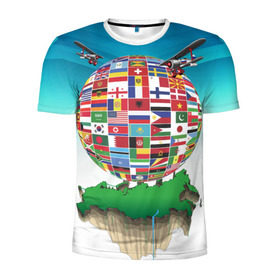 Мужская футболка 3D спортивная с принтом Флаги в Тюмени, 100% полиэстер с улучшенными характеристиками | приталенный силуэт, круглая горловина, широкие плечи, сужается к линии бедра | америка | казахстан | карта | россия | туризм | флаг | флаги | шар