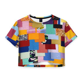 Женская футболка 3D укороченная с принтом Цветные лоскуты в Тюмени, 100% полиэстер | круглая горловина, длина футболки до линии талии, рукава с отворотами | color | spray | капли красок | лоскуты | одежда | радуга | разноцветные | цветные