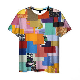 Мужская футболка 3D с принтом Цветные лоскуты в Тюмени, 100% полиэфир | прямой крой, круглый вырез горловины, длина до линии бедер | color | spray | капли красок | лоскуты | одежда | радуга | разноцветные | цветные