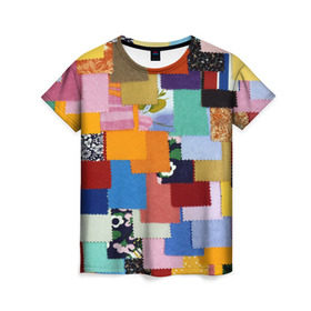 Женская футболка 3D с принтом Цветные лоскуты в Тюмени, 100% полиэфир ( синтетическое хлопкоподобное полотно) | прямой крой, круглый вырез горловины, длина до линии бедер | color | spray | капли красок | лоскуты | одежда | радуга | разноцветные | цветные