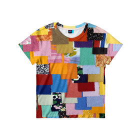 Детская футболка 3D с принтом Цветные лоскуты в Тюмени, 100% гипоаллергенный полиэфир | прямой крой, круглый вырез горловины, длина до линии бедер, чуть спущенное плечо, ткань немного тянется | color | spray | капли красок | лоскуты | одежда | радуга | разноцветные | цветные