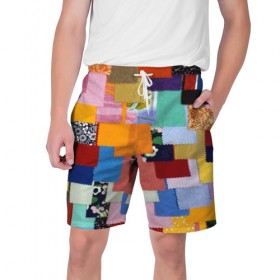 Мужские шорты 3D с принтом Цветные лоскуты в Тюмени,  полиэстер 100% | прямой крой, два кармана без застежек по бокам. Мягкая трикотажная резинка на поясе, внутри которой широкие завязки. Длина чуть выше колен | color | spray | капли красок | лоскуты | одежда | радуга | разноцветные | цветные
