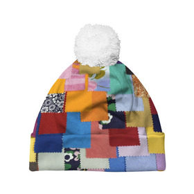 Шапка 3D c помпоном с принтом Цветные лоскуты в Тюмени, 100% полиэстер | универсальный размер, печать по всей поверхности изделия | color | spray | капли красок | лоскуты | одежда | радуга | разноцветные | цветные
