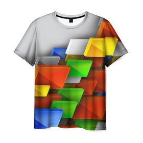 Мужская футболка 3D с принтом Абстрактные фигуры в Тюмени, 100% полиэфир | прямой крой, круглый вырез горловины, длина до линии бедер | грань | краски | кубик | кубики | линии | мозаика | разноцветные кубы | ребро | текстура | тени | узор