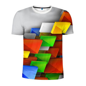Мужская футболка 3D спортивная с принтом Абстрактные фигуры в Тюмени, 100% полиэстер с улучшенными характеристиками | приталенный силуэт, круглая горловина, широкие плечи, сужается к линии бедра | грань | краски | кубик | кубики | линии | мозаика | разноцветные кубы | ребро | текстура | тени | узор