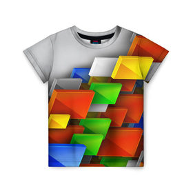 Детская футболка 3D с принтом Абстрактные фигуры в Тюмени, 100% гипоаллергенный полиэфир | прямой крой, круглый вырез горловины, длина до линии бедер, чуть спущенное плечо, ткань немного тянется | грань | краски | кубик | кубики | линии | мозаика | разноцветные кубы | ребро | текстура | тени | узор