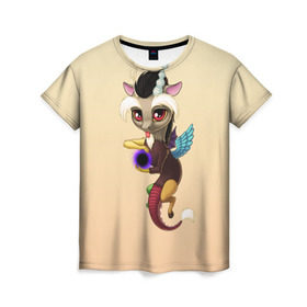 Женская футболка 3D с принтом Дискорд в Тюмени, 100% полиэфир ( синтетическое хлопкоподобное полотно) | прямой крой, круглый вырез горловины, длина до линии бедер | chaos | chibi | discord | draconequus | dragon | mlp | pony | дискорд | дракон | драконикус | пони | хаос | чиби