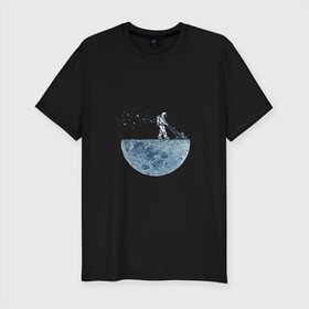 Мужская футболка премиум с принтом Стрижет луну в Тюмени, 92% хлопок, 8% лайкра | приталенный силуэт, круглый вырез ворота, длина до линии бедра, короткий рукав | газонокосилка | звезды | космонавт | космос | луна | луны | поверхность | пузыри | рисунок | скафандр | фантастика