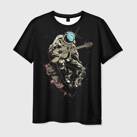 Мужская футболка 3D с принтом Космонавт с гитарой в Тюмени, 100% полиэфир | прямой крой, круглый вырез горловины, длина до линии бедер | гитара | звезды | земля | космонавт | космос | рок | сфера