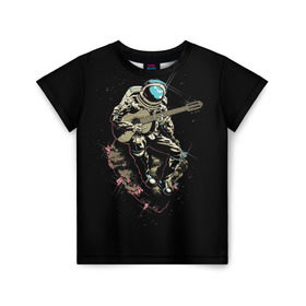 Детская футболка 3D с принтом Космонавт с гитарой в Тюмени, 100% гипоаллергенный полиэфир | прямой крой, круглый вырез горловины, длина до линии бедер, чуть спущенное плечо, ткань немного тянется | гитара | звезды | земля | космонавт | космос | рок | сфера