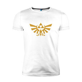 Мужская футболка премиум с принтом The Legend of Zelda в Тюмени, 92% хлопок, 8% лайкра | приталенный силуэт, круглый вырез ворота, длина до линии бедра, короткий рукав | Тематика изображения на принте: triforce | желтый | зельда | легенда | лого | трифорс | эмблема