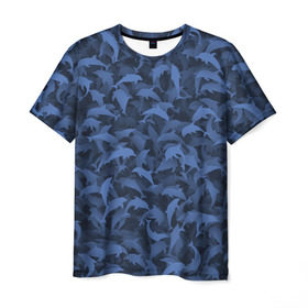Мужская футболка 3D с принтом Камуфляж с дельфинами в Тюмени, 100% полиэфир | прямой крой, круглый вырез горловины, длина до линии бедер | вода | дельфин | дельфины | милитари | море | океан | паттерн | синий | текстура | черное