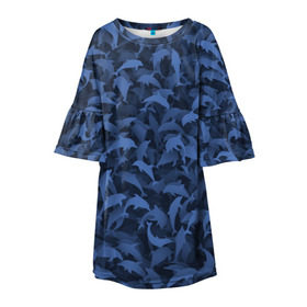 Детское платье 3D с принтом Камуфляж с дельфинами в Тюмени, 100% полиэстер | прямой силуэт, чуть расширенный к низу. Круглая горловина, на рукавах — воланы | вода | дельфин | дельфины | милитари | море | океан | паттерн | синий | текстура | черное